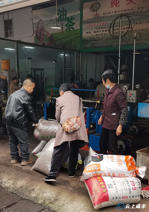 03 村民们运来自家收获的油茶籽，只需支付双方约定的加工费，便可现榨现得茶油。通讯员杨琼 摄.png
